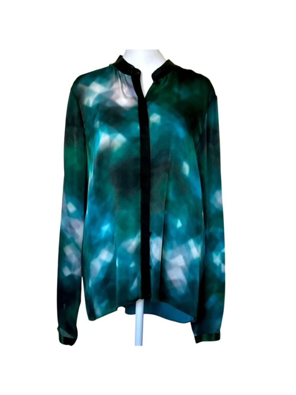 Elie Tahari Silk Blouse Leather Collar Emerald Abstract Print Quiet Luxury L - Picture 2 of 13